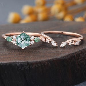 Unique Hexagon cut Moss agate engagement ring set Rose gold Marqusie diamond Open wedding band bridal matching Promise anniversary ring set