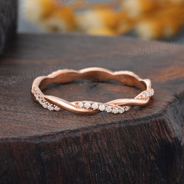 Twisted Moissanite Wedding band Rose gold round cut Diamond Wedding band Unique Stacking Matching band Infinity band Anniversary ring