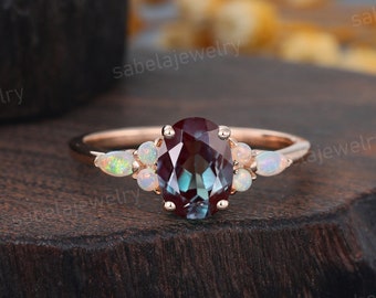 Oval cut Alexandrite engagement ring Vintage Rose gold engagement ring Marquise Opal Wedding ring Promise ring Anniversary gift for Women