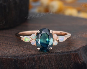Oval cut Green Blue Sapphire engagement ring Vintage Rose gold engagement ring Marquise Opal Wedding ring Promise ring Anniversary gift