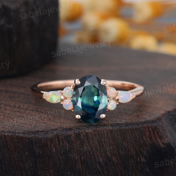 Oval cut Green Blue Sapphire engagement ring Vintage Rose gold engagement ring Marquise Opal Wedding ring Promise ring Anniversary gift