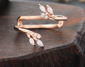 Vintage Marquise diamond Curved Wedding band Unique Rose gold Double enhancer band Bridal Stacking ring Anniversary Promise ring for woman