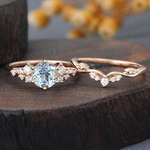 Vintage Aquamarine engagement ring set Rose gold Moissanite Diamond Jewelry Cluster March Birthstone ring Bridal Promise ring set for women
