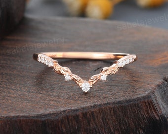 Vintage Moissanite Curved Wedding band Vintage rose gold Diamond chevron band Bridal Stacking band Anniversary Promise ring for women