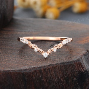 Vintage Moissanite Curved Wedding band Vintage rose gold Diamond chevron band Bridal Stacking band Anniversary Promise ring for women