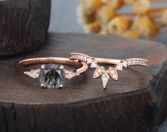 Einzigartige schwarze Rutilquarz Verlobungsring Set Vintage Rose gold Ring Kite cut Moissanit Ring Hochzeit Versprechen Ring für Frauen Geschenk