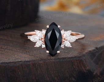 Marquise cut Black Onyx engagement ring Vintage Rose gold engagement ring Unique Moissanite Cluster wedding Diamond Promise ring for women