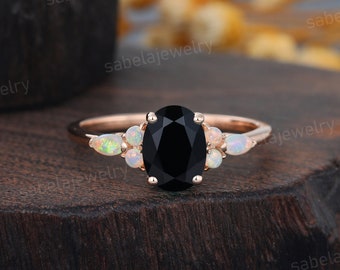Oval cut Black Onyx engagement ring Vintage Rose gold engagement ring Marquise Opal Wedding ring Promise ring Anniversary gift for Women