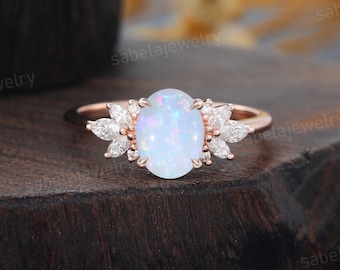 Oval cut Opal engagement ring Vintage Rose gold Marquise cut Moissanite Cluster engagement ring Unique Bridal wedding Promise ring for women