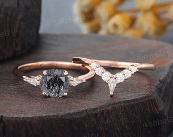 Einzigartige schwarze Rutilquarz Verlobungsring Set Vintage Roségold Ring Kite Moissanite Ring Diamant Hochzeit Versprechen Ring für Frauen Geschenk
