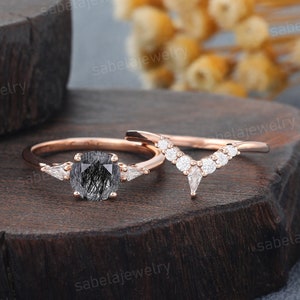 Einzigartige schwarze Rutilquarz Verlobungsring Set Vintage Roségold Ring Kite Moissanite Ring Diamant Hochzeit Versprechen Ring für Frauen Geschenk Bild 1