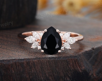 Pear shaped Black Onyx engagement ring Vintage Rose gold engagement ring Marquise cut Moissanite wedding ring Diamond Promise ring for women