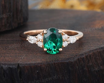 Oval cut Emerald engagement ring Unique Rose gold engagement ring Marquise cut Moissanite ring Diamond wedding Bridal ring Promise ring