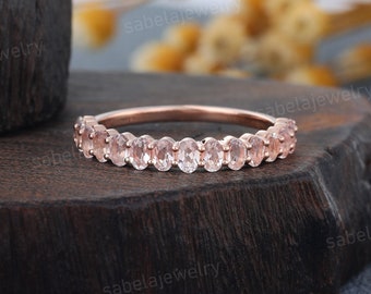 Oval cut Morganite Wedding band Vintage Rose gold Half Eternity Wedding band Stacking band bridal Unique Anniversary Promise band for Women