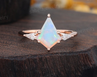 Kite shaped Opal engagement ring Vintage Rose gold engagement ring Diamond Three stone ring Moissanite wedding ring Promise ring for Women