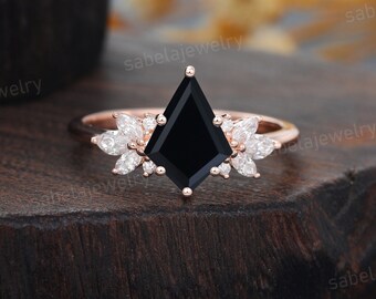 Kite cut Black onyx engagement ring Unique Rose gold engagement ring Marquise cut Moissanite Cluster Art deco wedding Promise ring for women