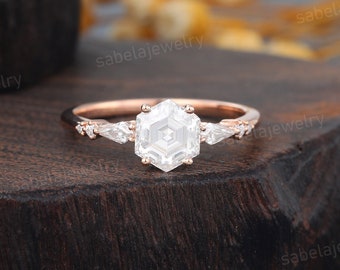 Hexagon cut Moissanite engagement ring Vintage Rose gold engagement ring Women Kite shaped Diamond Wedding ring art deco Anniversary ring