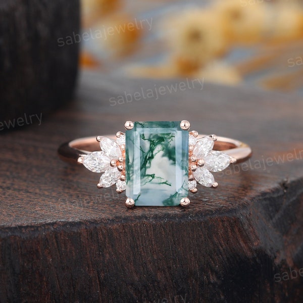 Emerald cut Moss agate engagement ring Vintage rose gold ring Marquise Moissanite ring Prong set ring Cluster wedding Bridal ring promise