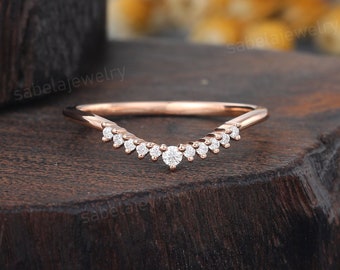 Moissanite Curved Wedding band Vintage 14k Rose gold Diamond Wedding band Unique Bridal Matching Stacking band Anniversary Promise ring