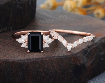 Smaragd-Schnitt schwarzer Onyx Verlobungsring-Set Vintage-Rosengold-Diamant-Brautring-Set Marquise-Schnitt Moissanite Ehering-Set für Frauen