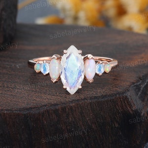 Marquise cut Moonstone engagement ring Vintage Rose gold Opal Engagement ring Art deco Birthstone ring Anniversary Promise ring for Women