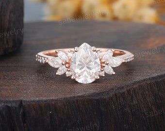 Pear shaped Moissanite engagement ring Vintage Marquise cut Diamond engagement ring rose gold Half eternity wedding Bridal ring promise ring