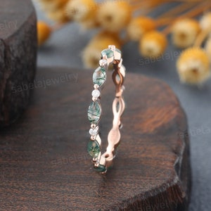 Unique Marquise Moss agate wedding band Solid Rose gold moissanite diamond wedding band her full eternity matching stacking Anniversary ring