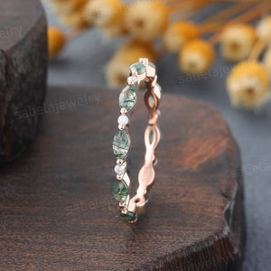 Unique Marquise Moss agate wedding band 14K Rose gold Moissanite wedding band women full eternity matching stacking ring Anniversary ring image 1