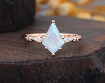 Kite cut Opal engagement ring Unique 14k Rose gold Moissanite ring 7 Stone Diamond Wedding ring Bridal art deco Anniversary ring for Women