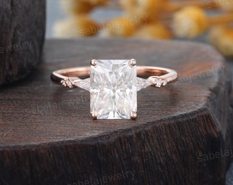 Radiant cut Moissanite engagement ring Unique Rose gold kite cut Moissanite ring Diamond Wedding ring Seven stone art deco Anniversary ring