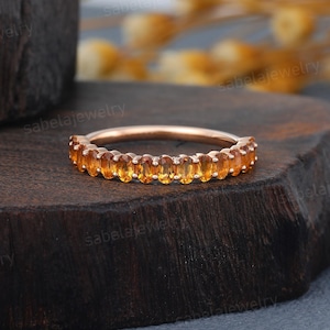 Oval cut Citrine Wedding band Vintage Rose gold Half Eternity Wedding band Stacking band bridal Unique Anniversary Promise band for Women