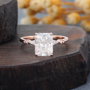 Radiant cut Moissanite engagement ring Unique Rose gold kite cut Moissanite ring Diamond Wedding ring Seven stone art deco Anniversary ring