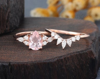 Pear shaped Pink Morganite engagement ring set Vintage Rose gold Diamond Bridal ring set Marquise cut Moissanite wedding ring set Promise