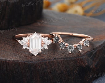 Hexagon Moissanit Verlobungsring Set Vintage Rosegold Verlobungsring Diamant Braut Ring Schwarzer Rutilquarz Hochzeitsring für Frauen