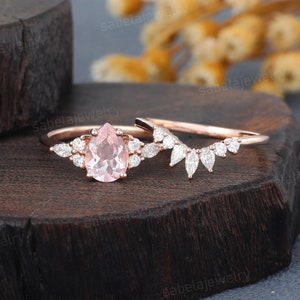 Pear shaped Pink Morganite engagement ring set Vintage Rose gold Diamond Bridal ring set Marquise cut Moissanite wedding ring set Promise