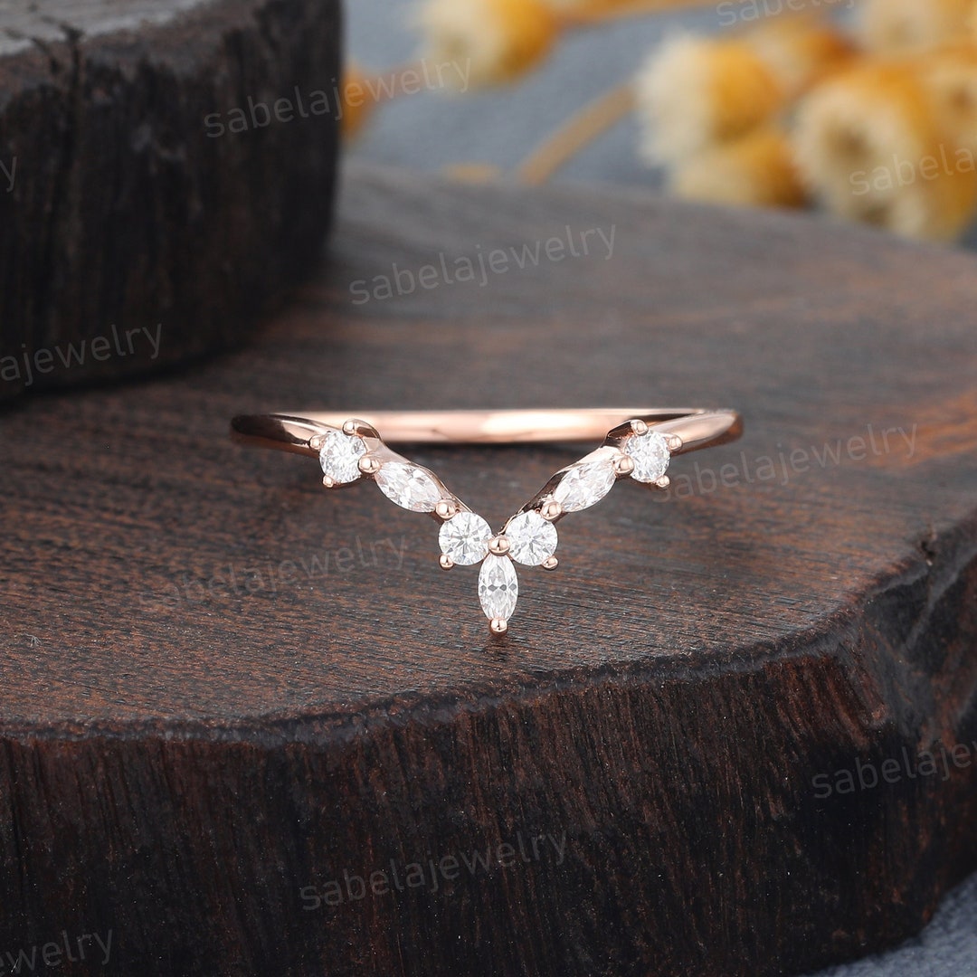 Marquise Cut Moissanite Curved Wedding Band Vintage Rose Gold Diamond ...