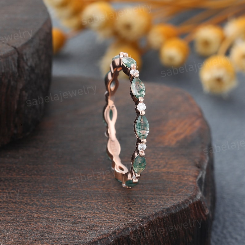 Unique Marquise Moss agate wedding band 14K Rose gold Moissanite wedding band women full eternity matching stacking ring Anniversary ring image 3