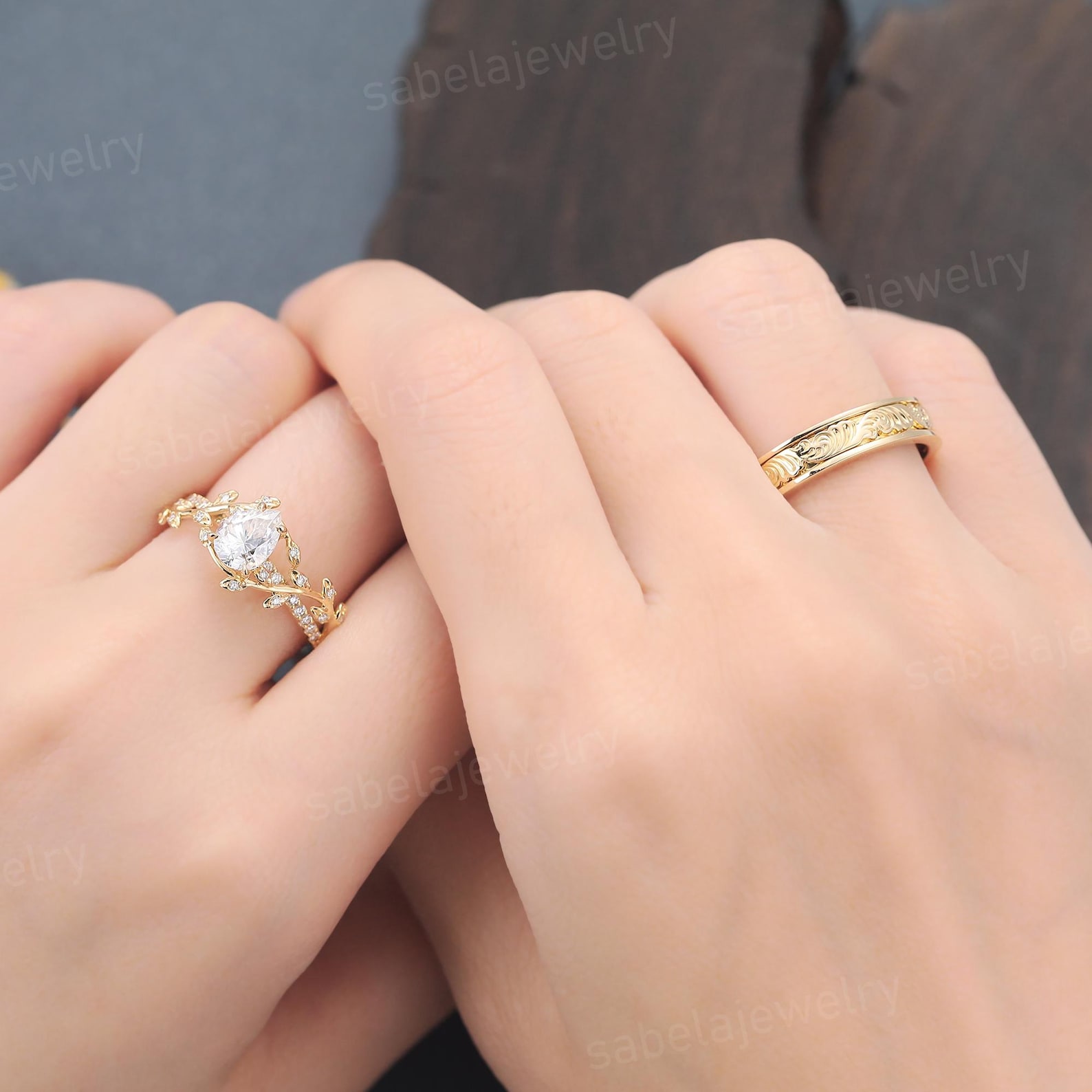 Unique 2pcs Couple Rings Set for Women Men Yellow Gold Pear Moissanite ...