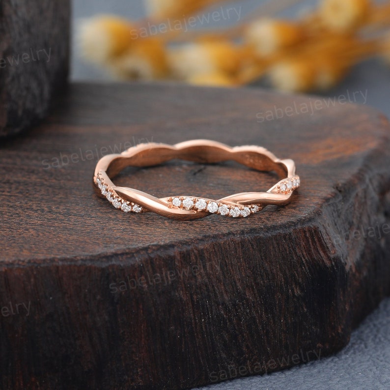 Twisted Moissanite Wedding band Rose gold round cut Diamond Wedding band Unique Stacking Matching band Infinity band Anniversary ring image 1