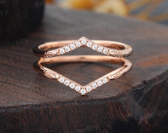 Moissanite Curved Wedding band Unique Rose gold Diamond Double Wedding band Chevron band ring Enhancer Stacking band Promise ring for Women