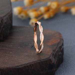 Twisted Moissanite Wedding band Rose gold round cut Diamond Wedding band Unique Stacking Matching band Infinity band Anniversary ring image 2