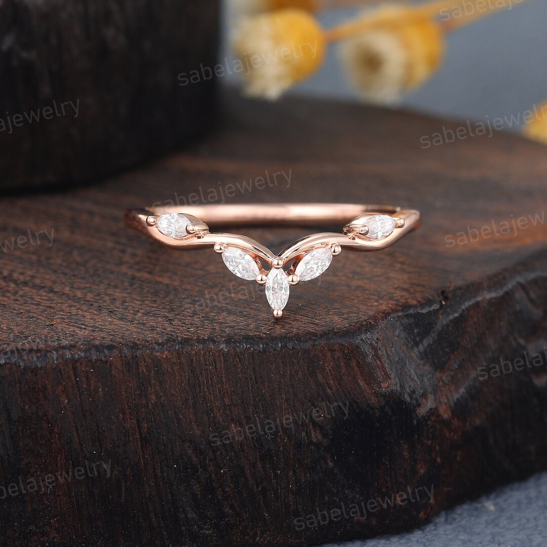 Marquise Cut Moissanite Curved Wedding Band Vintage 14k Rose Gold ...