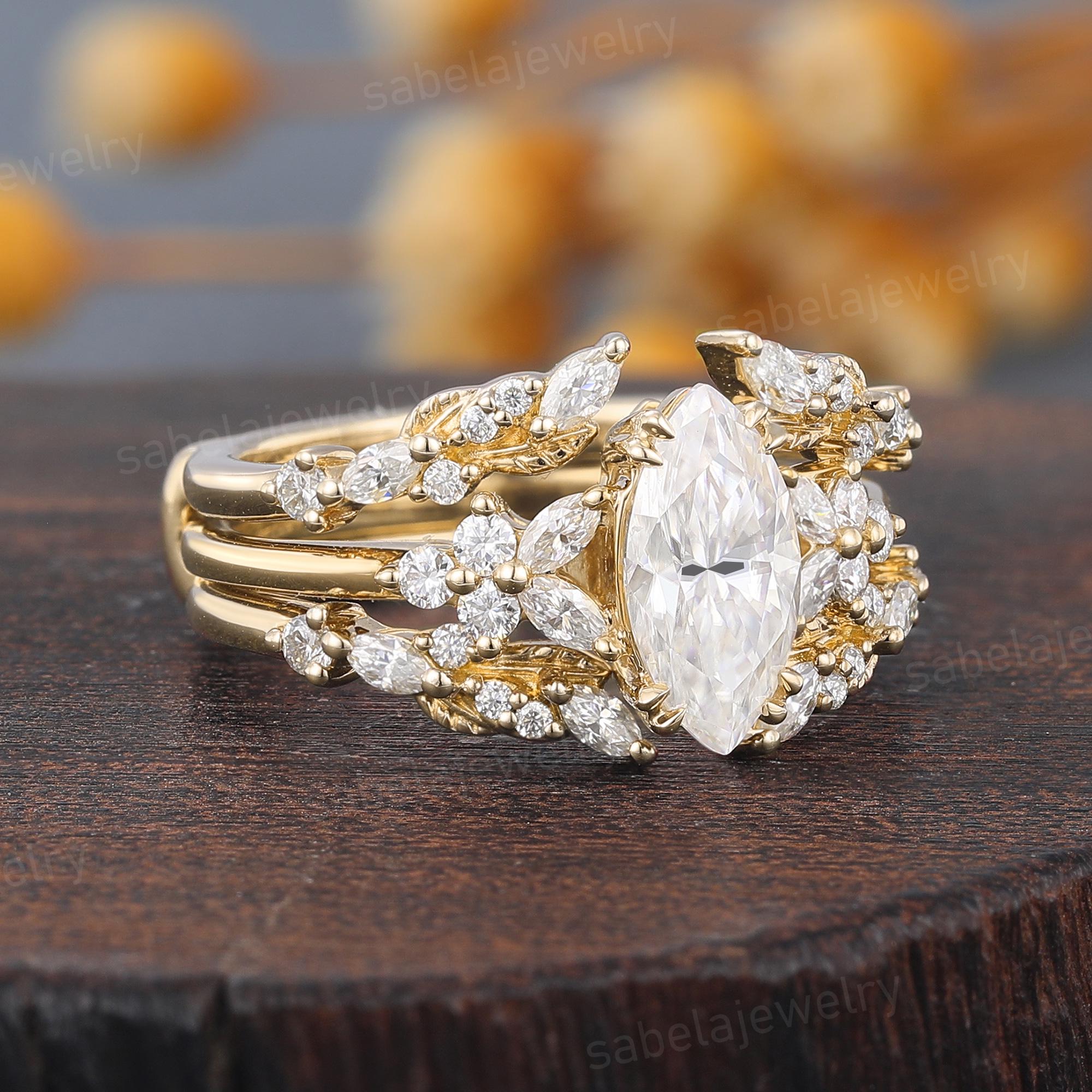Marquise Cut Moissanite Engagement Ring Set 14K Yellow Gold Double ...