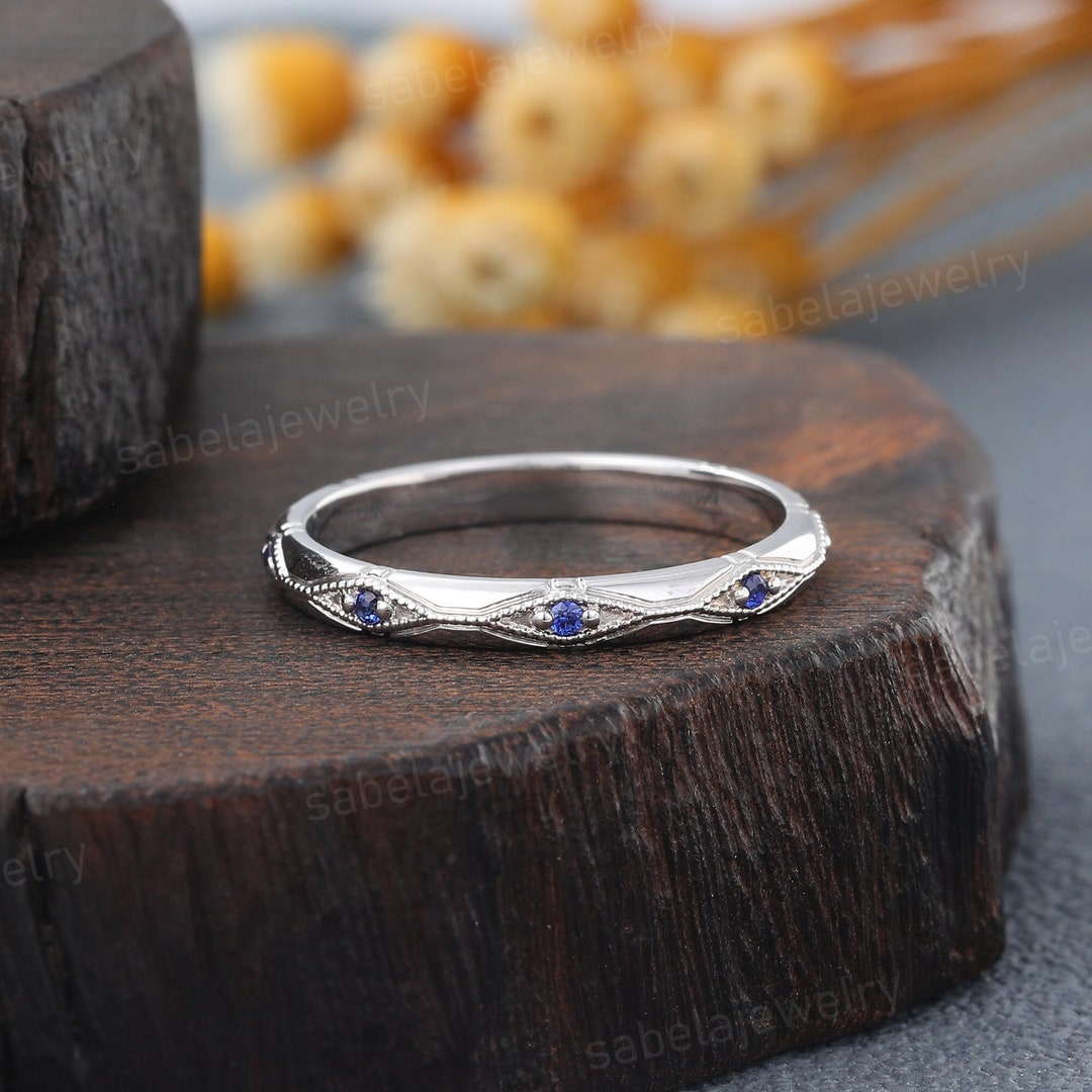 Unique Natural Sapphire Wedding Band Vintage 14/18K White Gold Wedding ...