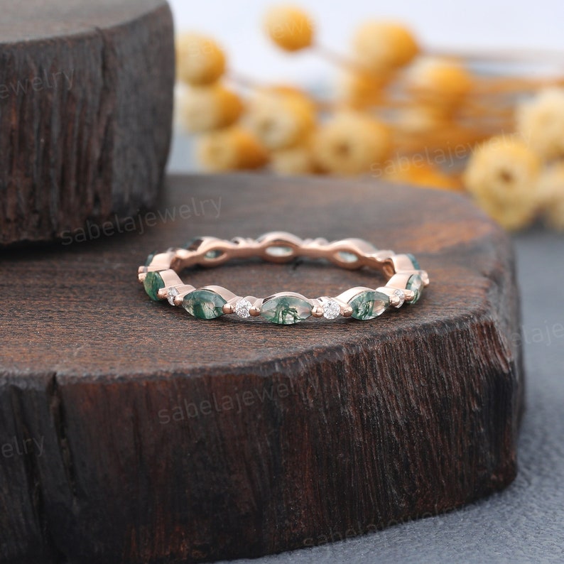 Unique Marquise Moss agate wedding band 14K Rose gold Moissanite wedding band women full eternity matching stacking ring Anniversary ring image 2