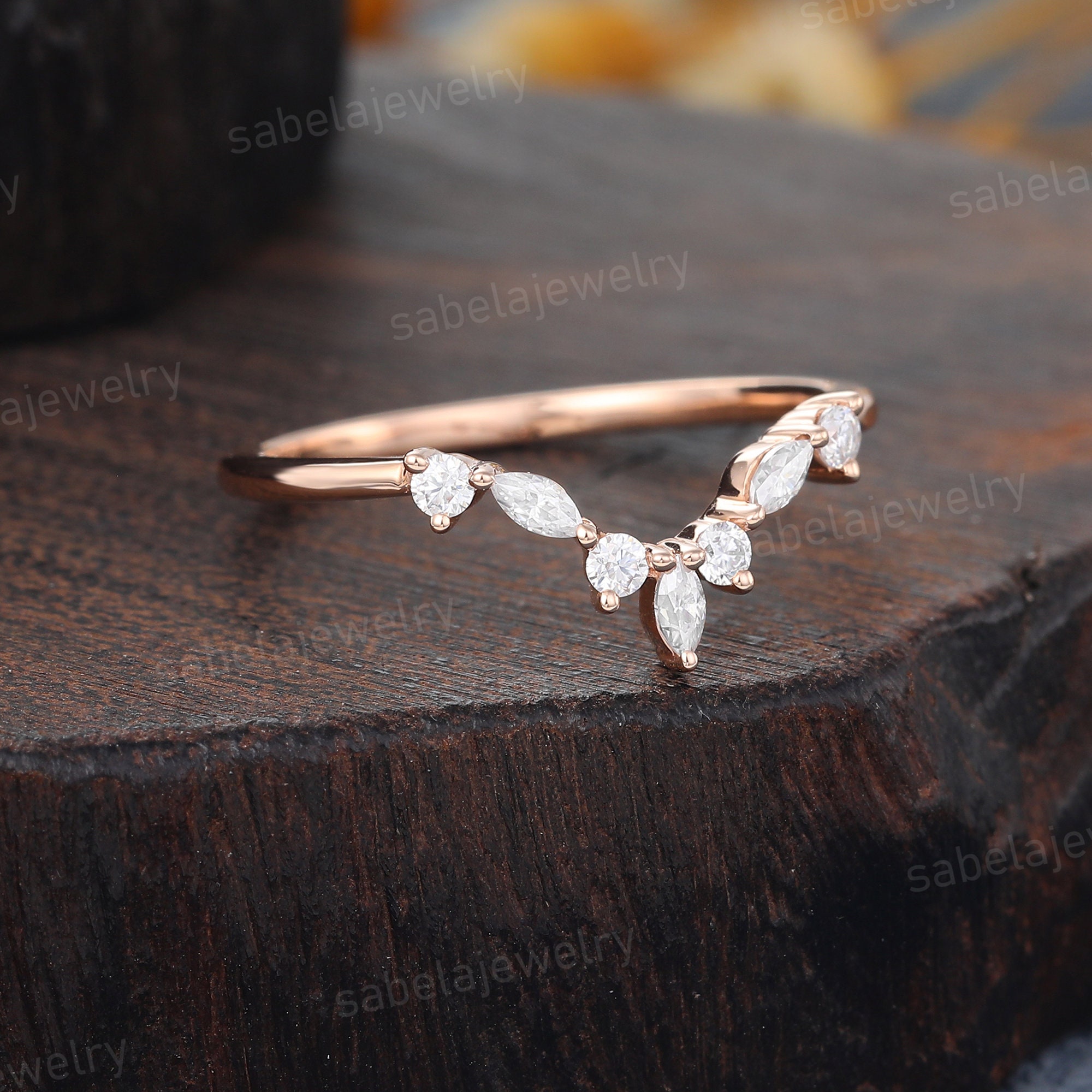 Marquise Cut Moissanite Diamond Wedding Band Rose Gold Curved Wedding ...