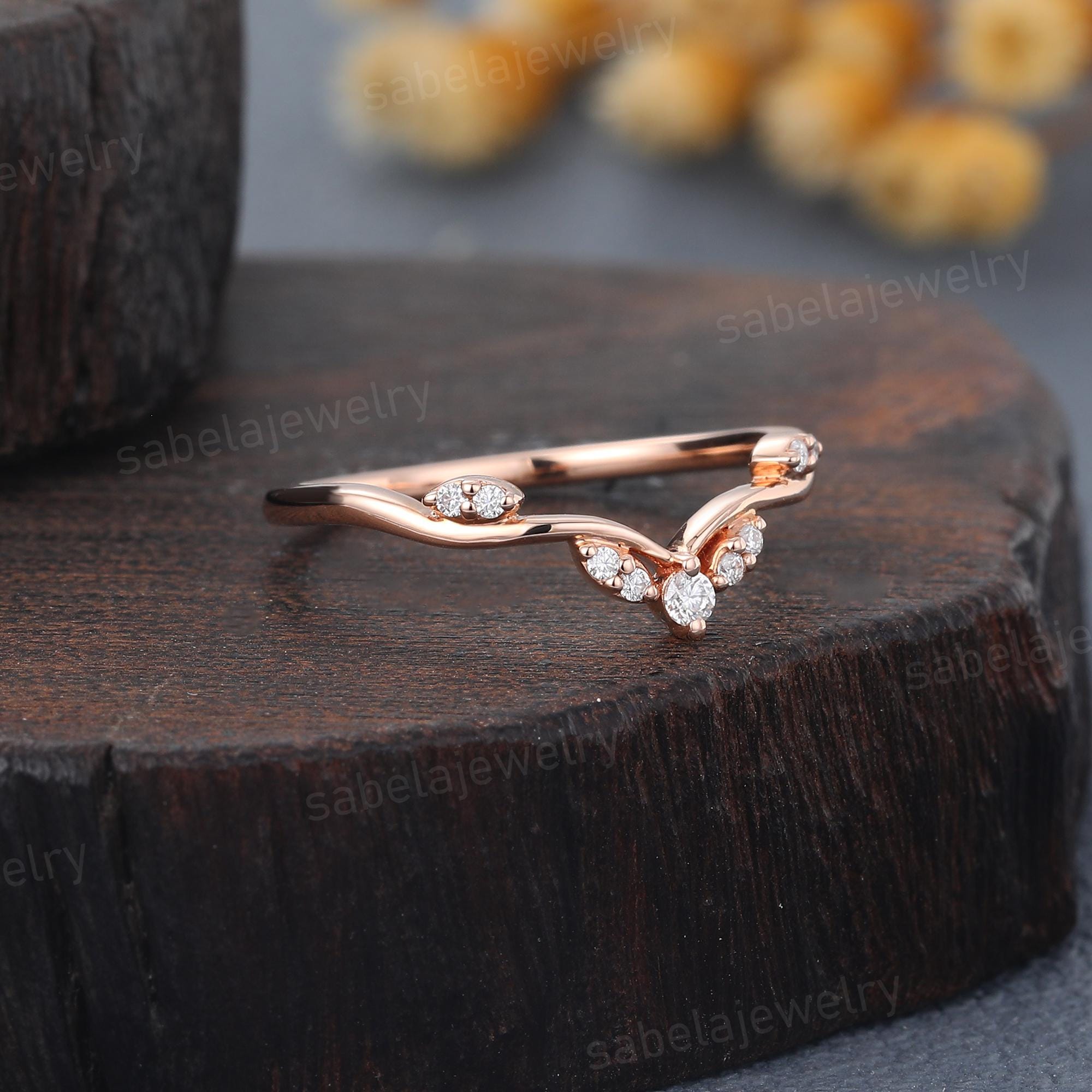 Diamond Curved Wedding Band Vintage Rose Gold Moissanite Ring Art Deco ...