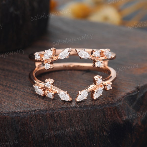Marquise cut Moissanite Curved Wedding band Unique Rose gold Diamond Double Wedding band Bridal ring Enhancer Stacking band Promise ring