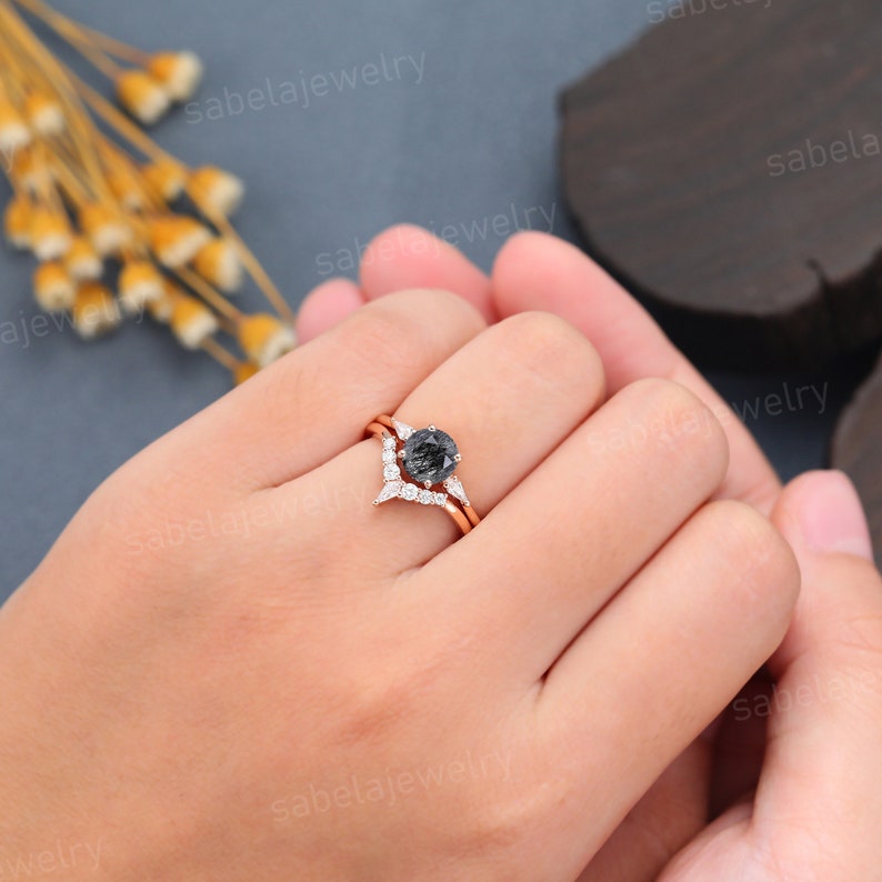 Einzigartige schwarze Rutilquarz Verlobungsring Set Vintage Roségold Ring Kite Moissanite Ring Diamant Hochzeit Versprechen Ring für Frauen Geschenk Bild 5