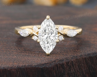 1CT Marquise cut Lab Grown Diamond engagement ring, DEF VS IGI Certified, 14k Solid gold Diamond, Cluster ring Bridal ring Anniversary gift